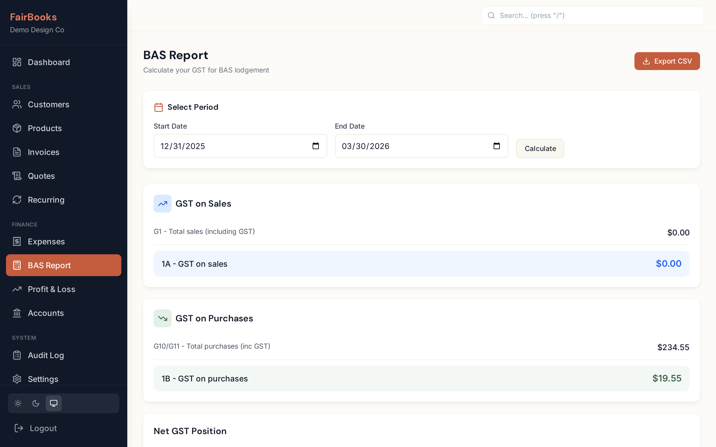 FairBooks BAS report showing GST on sales, purchases, and net position