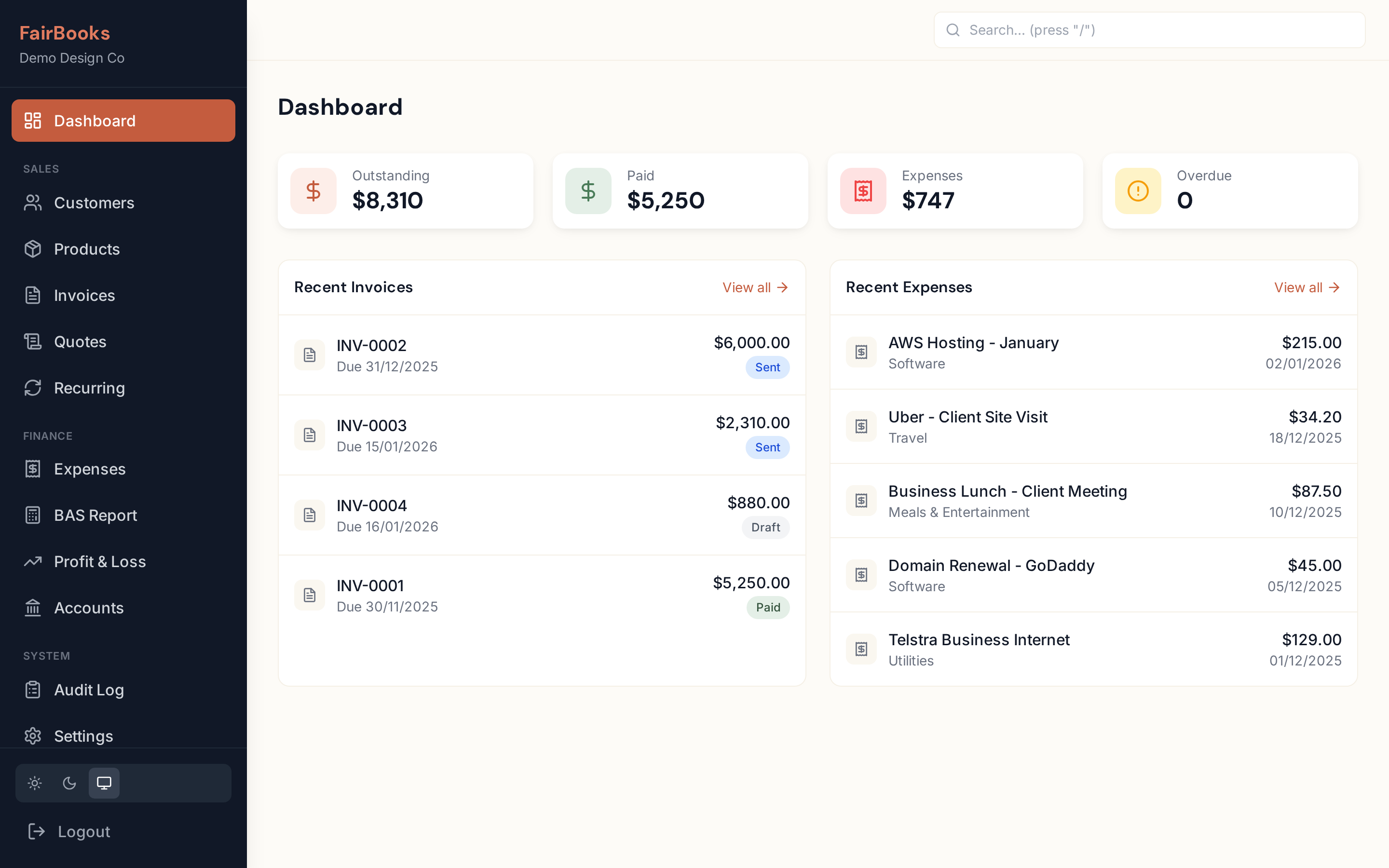 FairBooks dashboard showing revenue, expenses, and recent invoices at a glance