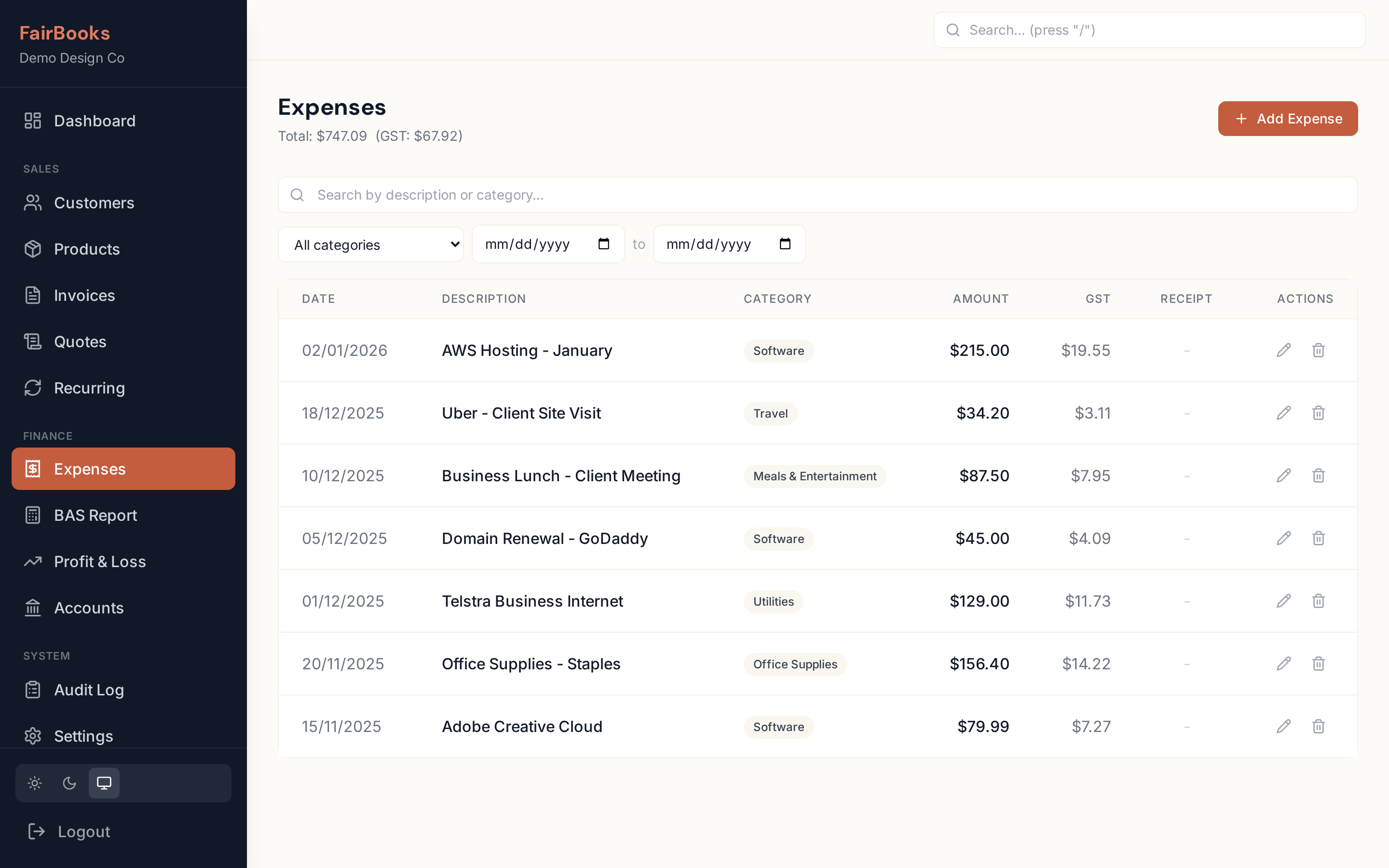 FairBooks expense tracker with categories and GST amounts