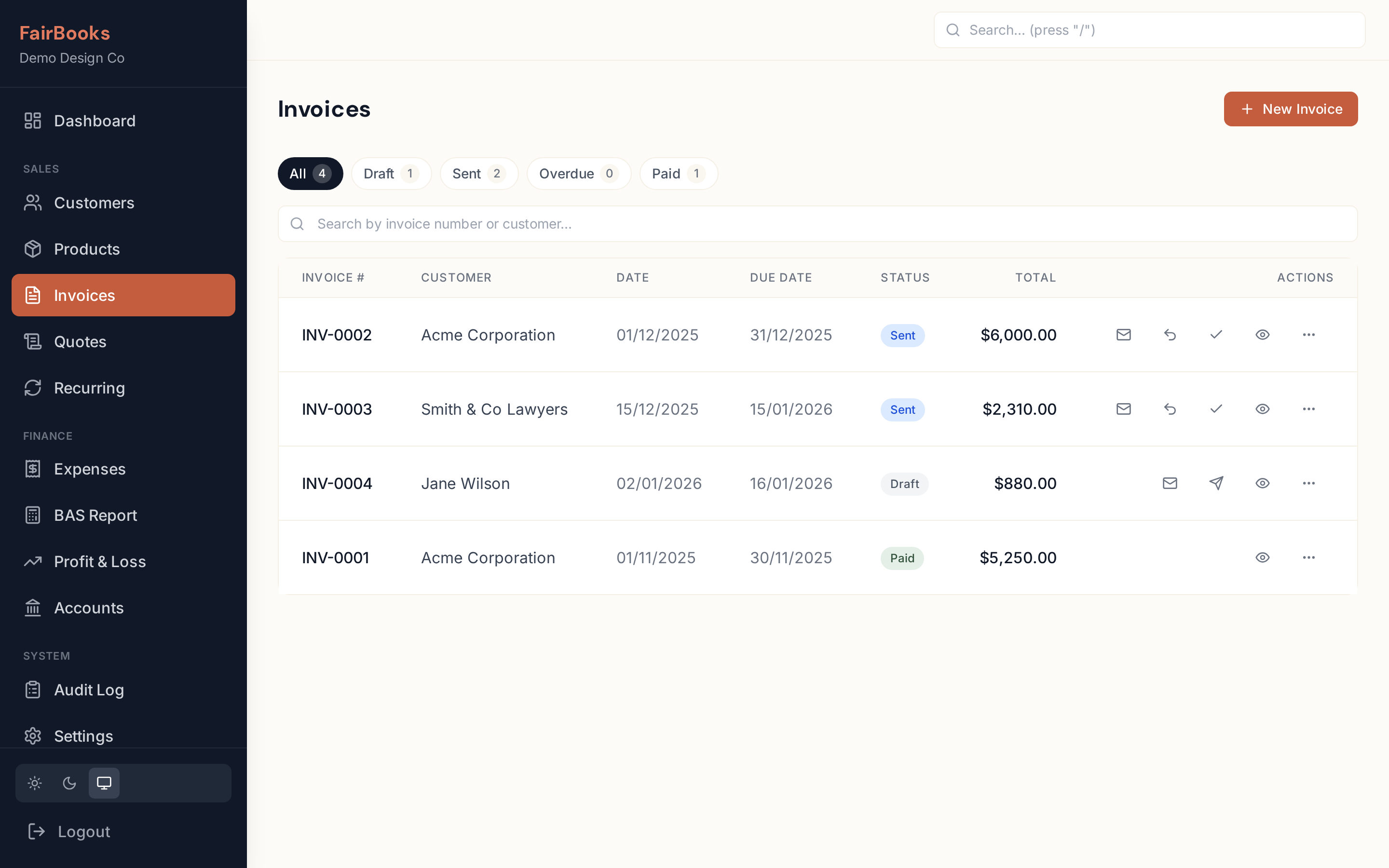 FairBooks invoice list with status filters for draft, sent, overdue, and paid