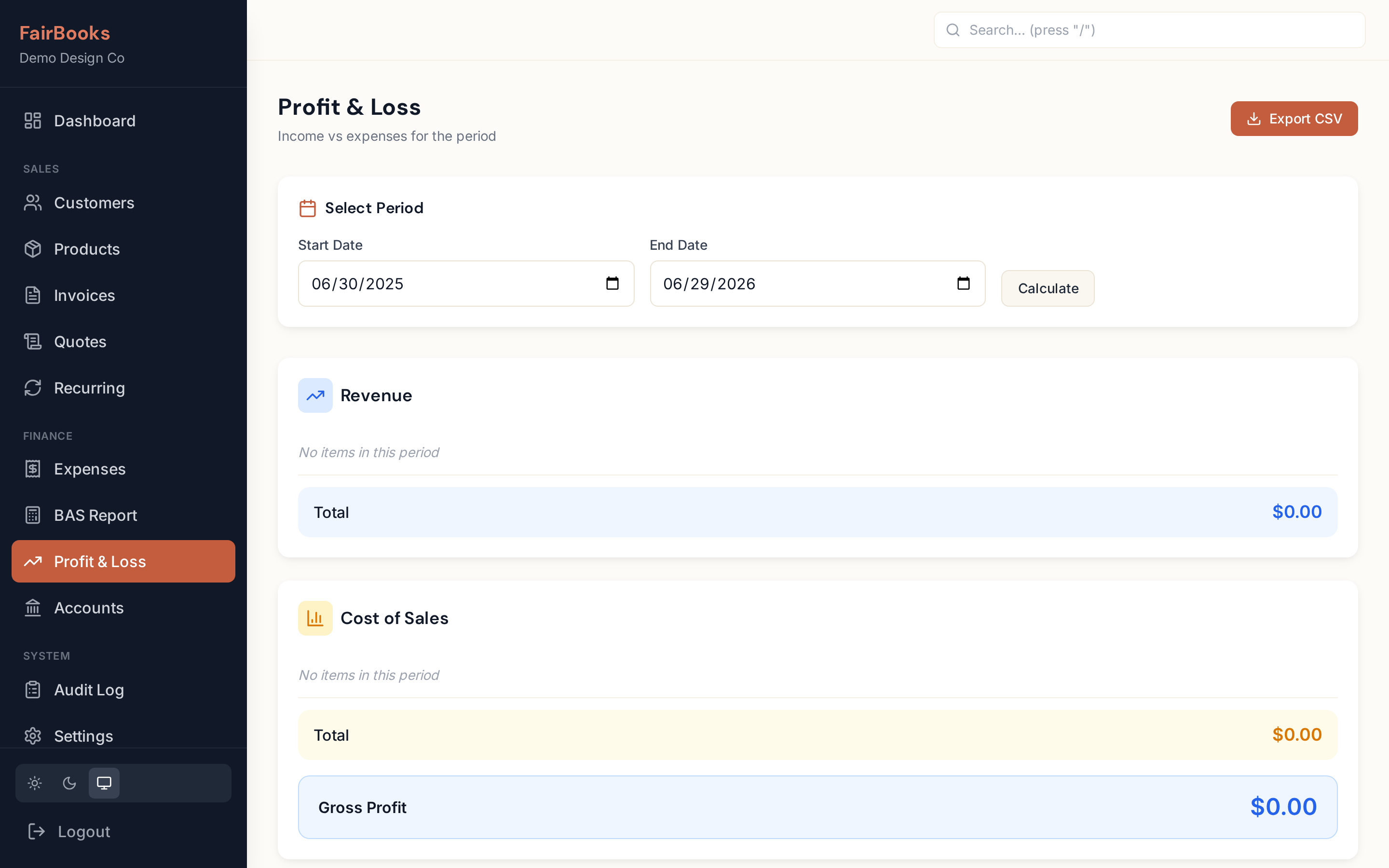 FairBooks profit and loss report for the financial year
